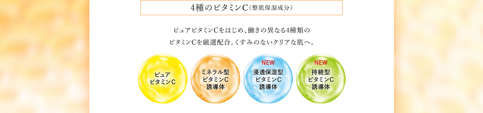 「4種のビタミンC（整肌保湿成分）」ピュアビタミンCをはじめ、働きの異なる4種類のビタミンCを厳選配合。くすみのないクリアな肌へ。
                    「ピュアなビタミンC」「ミネラル型ビタミンC誘導体」「NEW 浸透保湿型ビタミンC誘導体」「NEW 持続型ビタミンC誘導体」