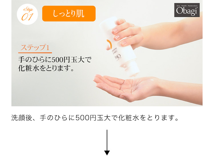 Step 01 しっとり肌 ステップ1 手のひらに500円玉大で化粧水をとります。 洗顔後、手のひらに500円玉大で化粧水をとります。
