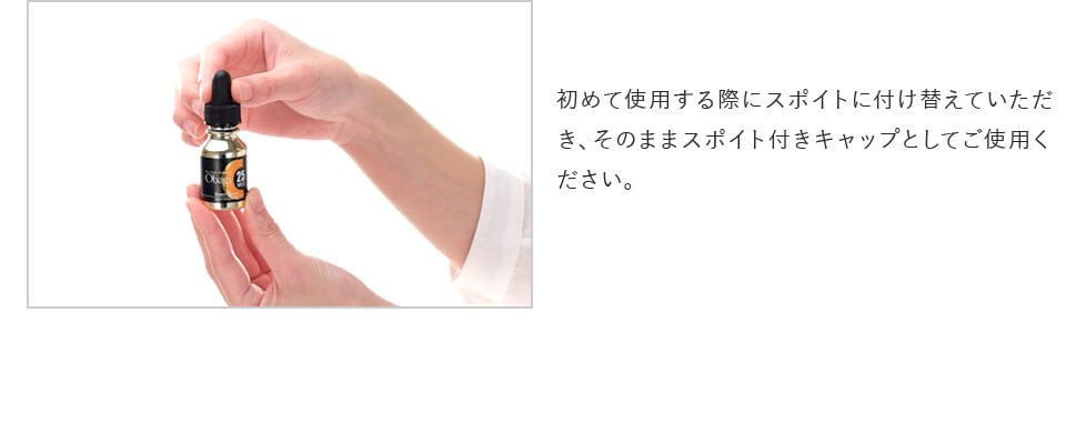 初めて使用する際にスポイトに付け替えていただき、そのままスポイト付きキャップとしてご使用ください。