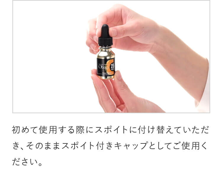 初めて使用する際にスポイトに付け替えていただき、そのままスポイト付きキャップとしてご使用ください。